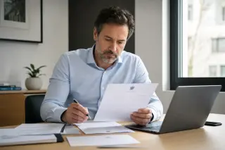Personne adulte concentrée dans son bureau moderne, lisant un courrier administratif à côté d’un ordinateur portable et de documents.