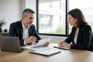 Un chef d'entreprise et un médiateur discutent autour d'une table de bureau, échangeant des documents, dans une ambiance professionnelle et lumineuse.