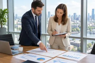 Réunion dans une salle lumineuse entre un homme en costume et une femme en tailleur, debout devant des graphiques économiques disposés sur une table, avec une grande fenêtre donnant sur une ville en arrière-plan.