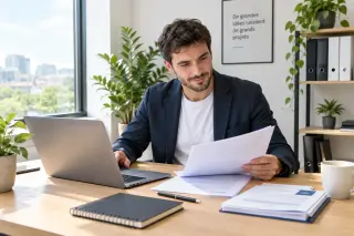 Jeune entrepreneur seul dans un bureau moderne, assis devant un ordinateur et des papiers, baigné par une lumière naturelle, en train d'examiner des documents administratifs