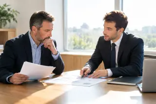 Business advisor and company director discussing financial documents in a modern office with sunlight, creating a calm and professional atmosphere.