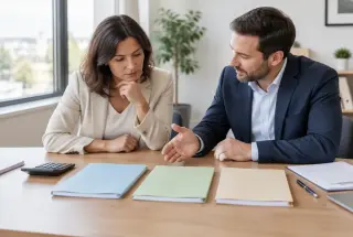 Dirigeante d’entreprise comparant trois options de financement avec un conseiller autour de dossiers et d’une calculatrice
