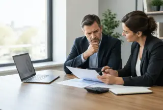 Dirigeant de petite entreprise échangeant avec une conseillère bancaire autour de documents financiers et d’un ordinateur dans un bureau.